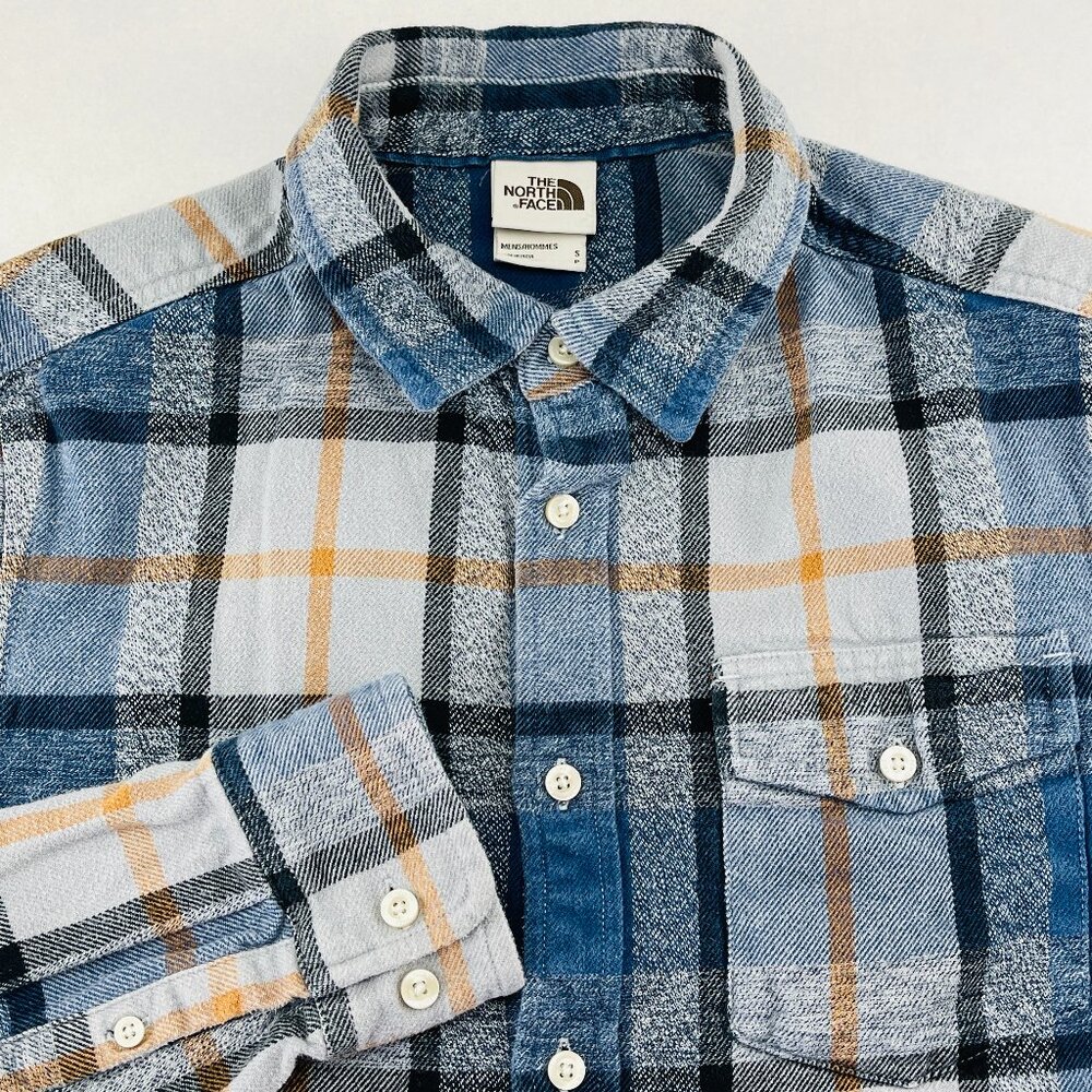 North Face Flannel Shirt Mens Small Blue Gray Plaid Long Sleeve Button Up